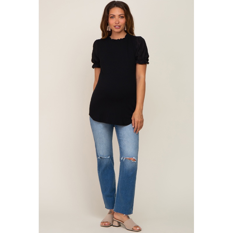 Black Contrast Crochet Sleeve Maternity Top