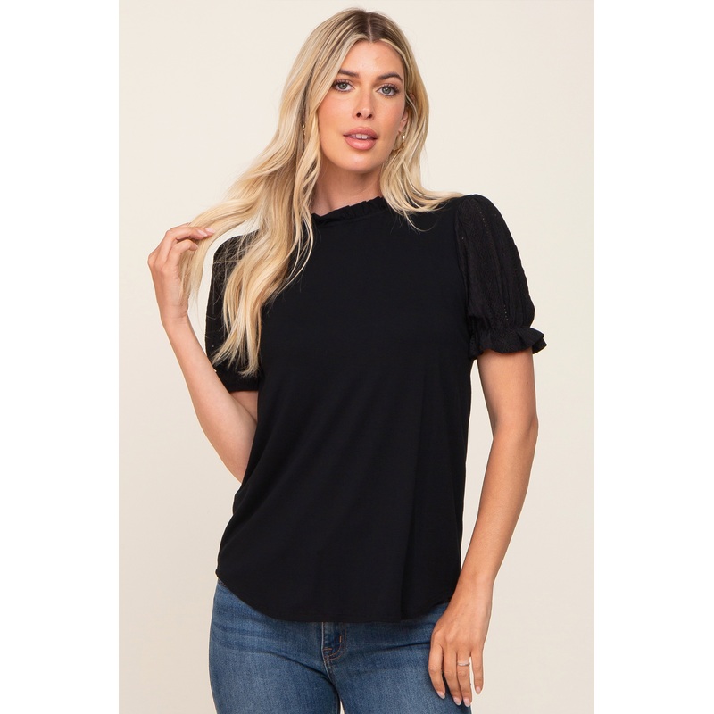 Black Contrast Crochet Sleeve Top