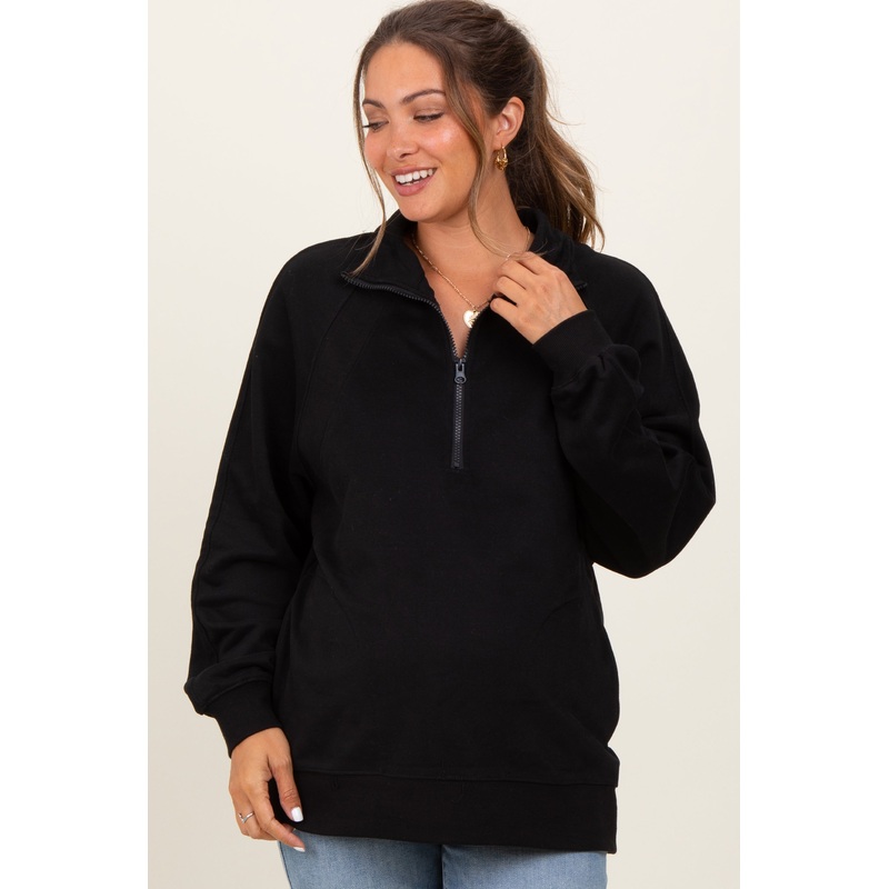 Black Half Zip Contrast Rib Sweatshirt Maternity Top