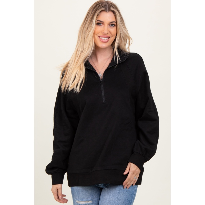 Black Half Zip Contrast Rib Sweatshirt Top