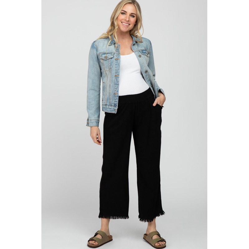 Black Linen Frayed Hem Crop Maternity Pants