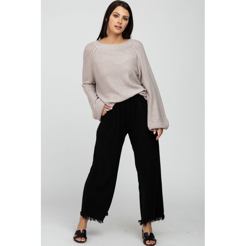 Black Linen Frayed Hem Crop Pants