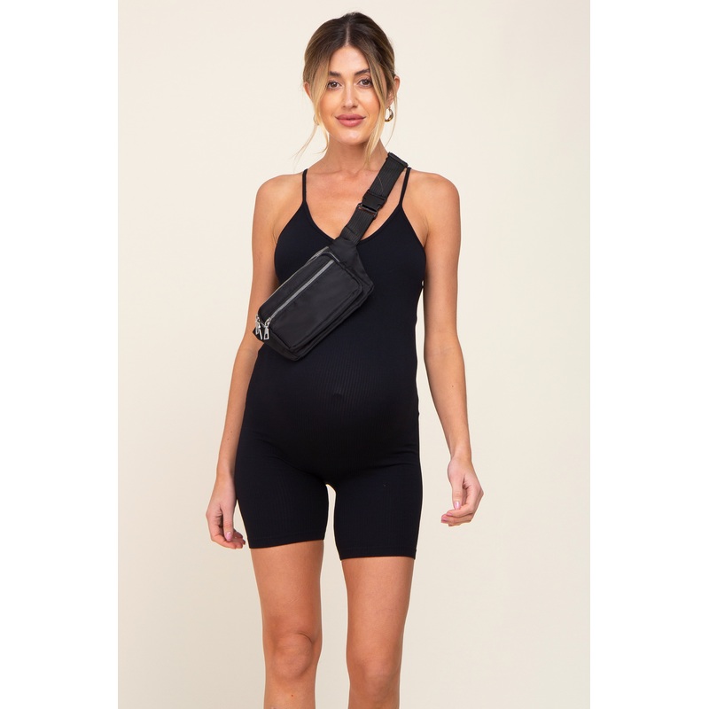 Black Ribbed Biker Short Maternity Romper