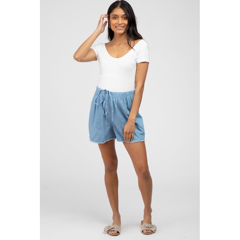 Blue Chambray Frayed Hem Drawstring Maternity Shorts
