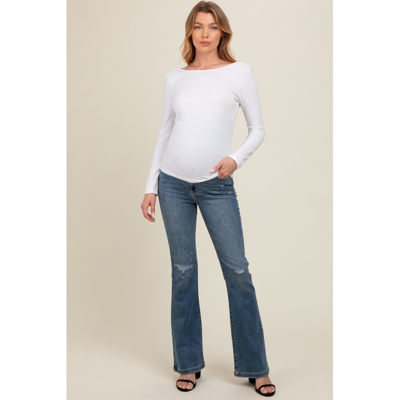 Blue Distressed Knee Flare Leg Maternity Jeans