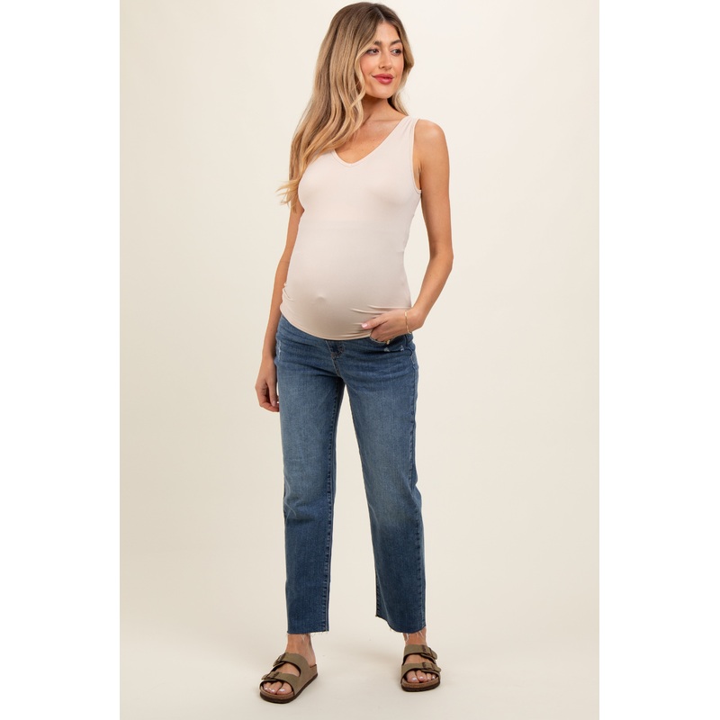 Blue Raw Edge Straight Crop Maternity Jeans