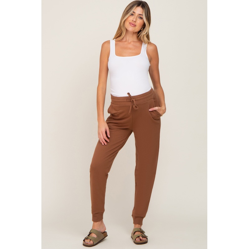 Camel Basic Drawstring Maternity Sweatpants