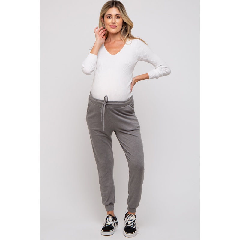 Grey Ultra Soft Knit Drawstring Maternity Joggers