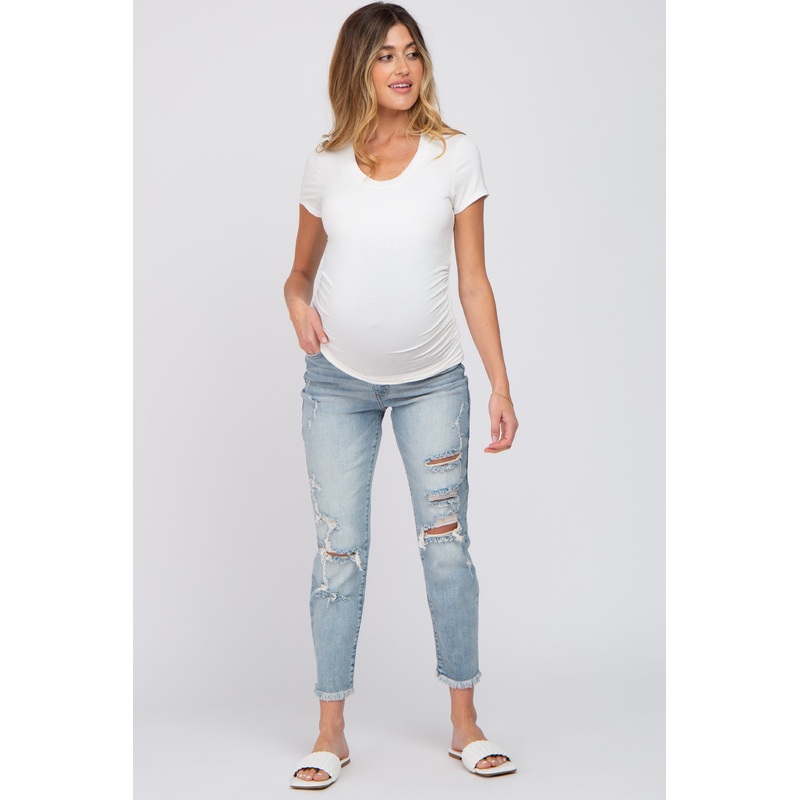 Light Blue Distressed Open Knee Maternity Jeans