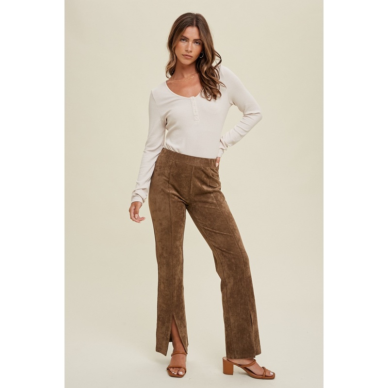 Mocha Suede Pants With Front Slit Detail