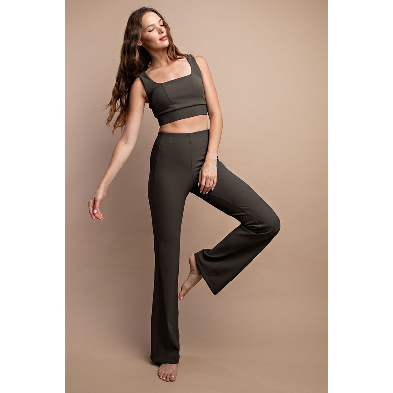 Olive Ribbed Flared Leggings