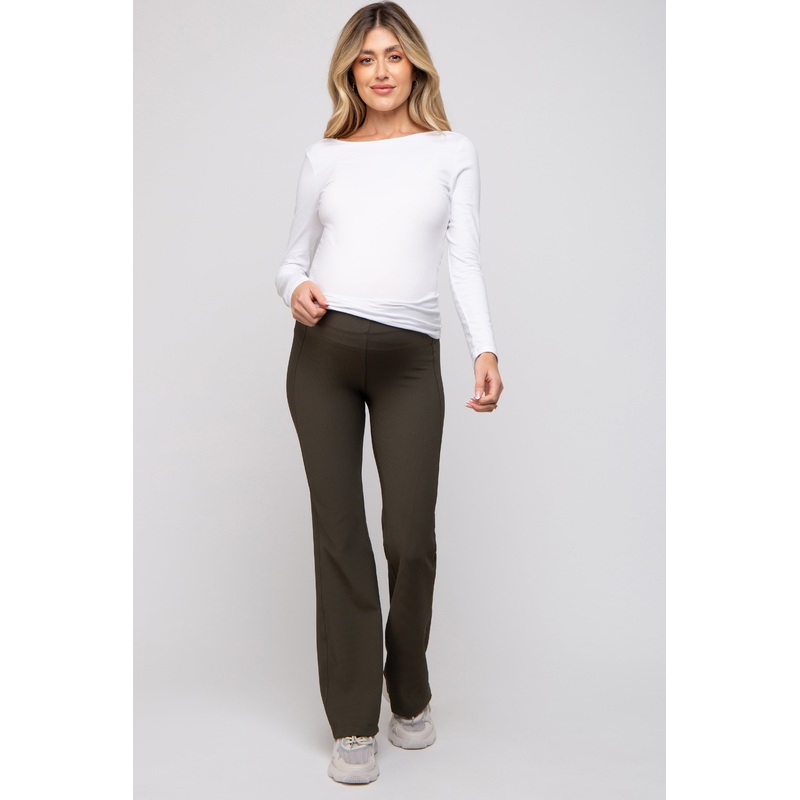 Olive Ribbed Maternity Flared Leggings