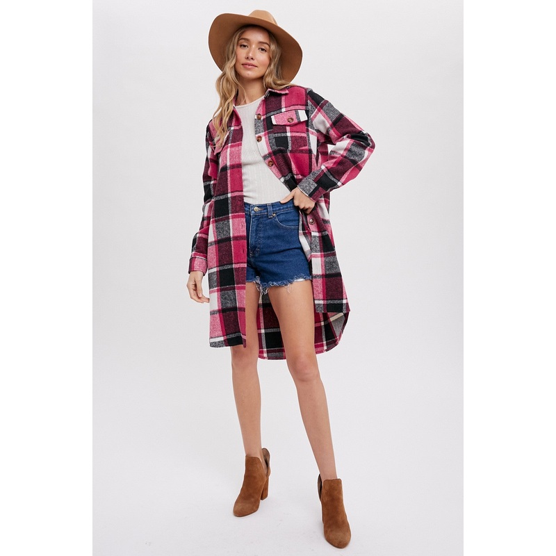 Pink Plaid Fleece Long Shirt Jacket