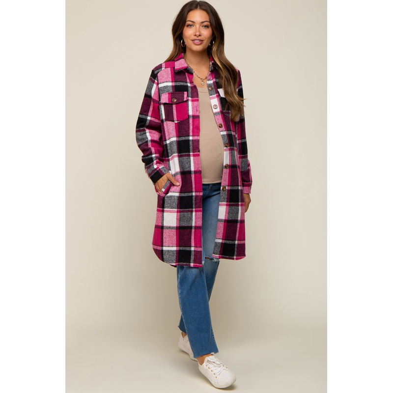 Pink Plaid Fleece Maternity Long Shirt Jacket