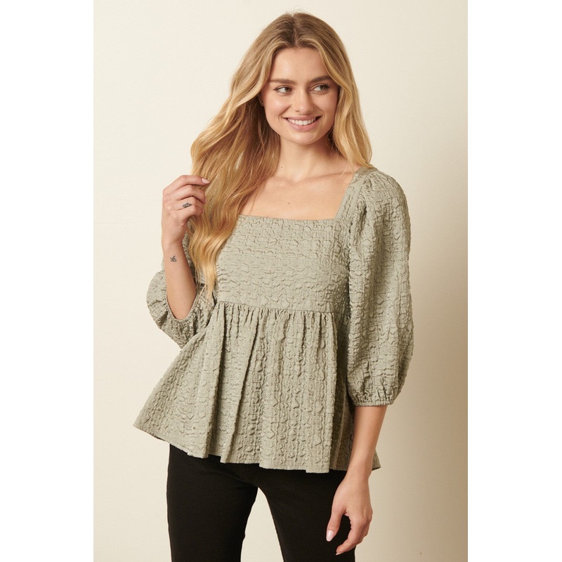 Sage Texture Jacquard Babydoll Blouse