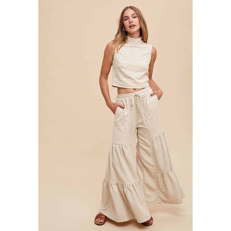 Sand Texture Knit Mock Neck Crop Top And Pants Set