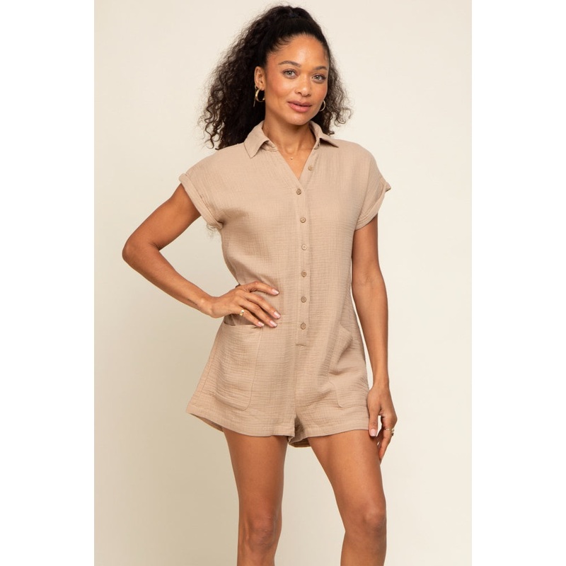 Taupe Gauze Button Up Front Pocket Romper