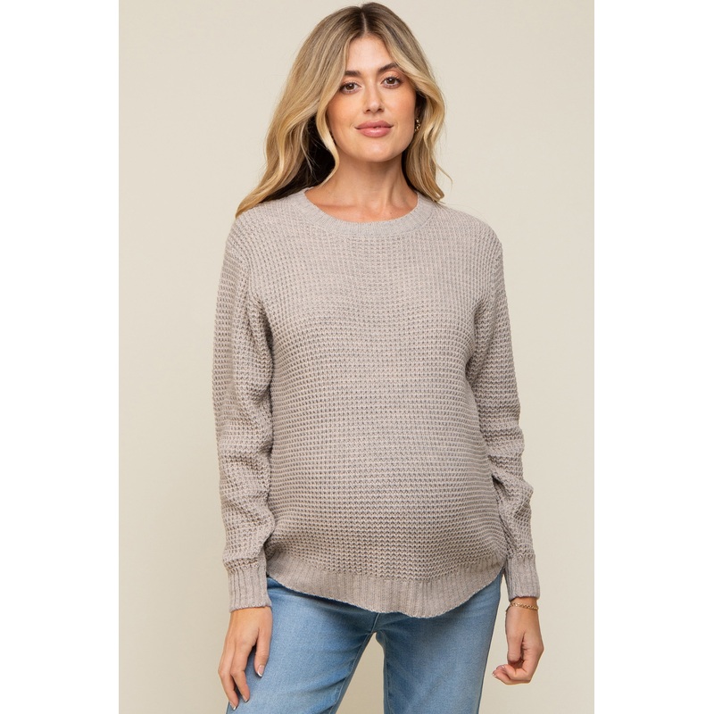 Taupe Waffle Knit Round Hem Maternity Sweater
