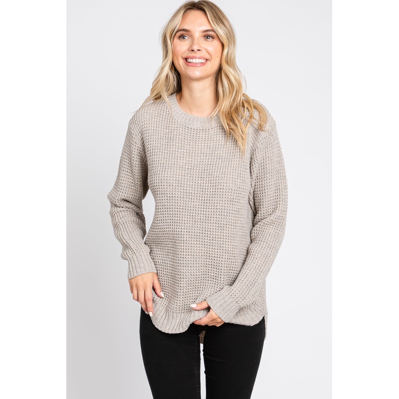 Taupe Waffle Knit Round Hem Sweater