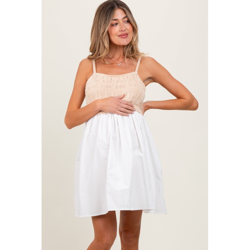 White Crochet Knit Contrast Maternity Mini Dress
