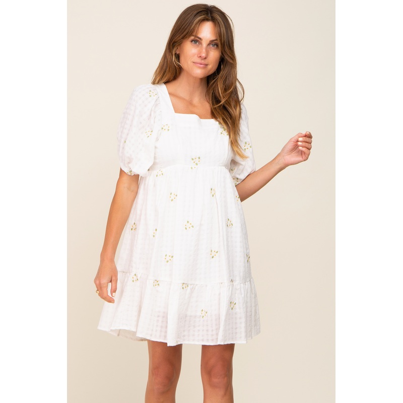 White Floral Embroidered Puff Sleeve Dress