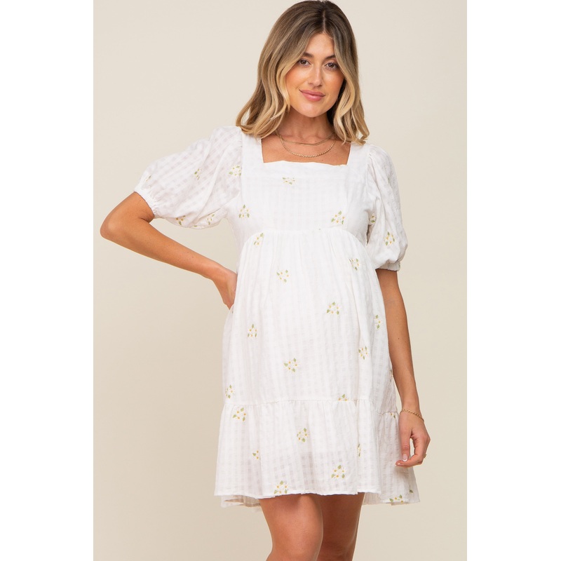 White Floral Embroidered Puff Sleeve Maternity Dress
