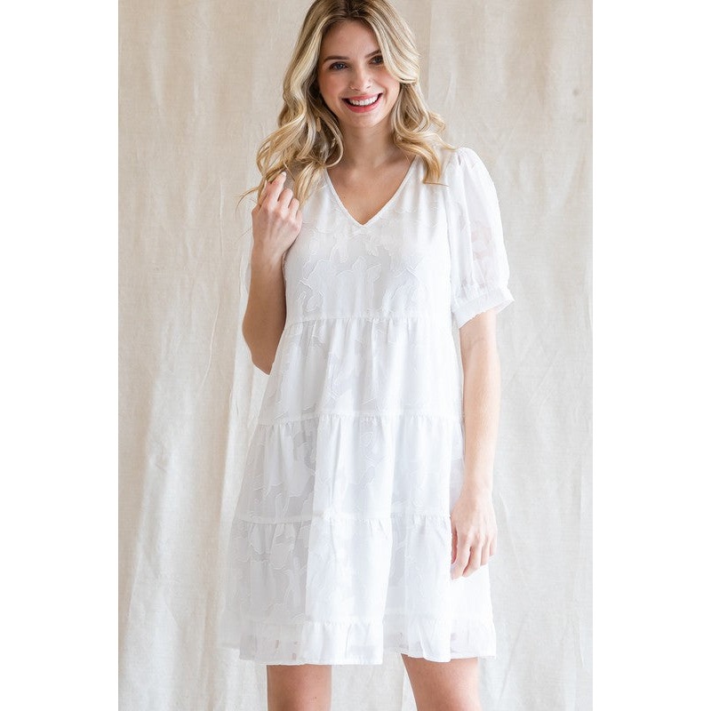 White Floral Jacquard Puff Sleeve Dress