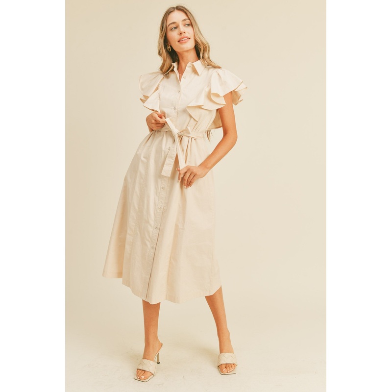 Beige Button Down Flutter Sleeve Midi Dress