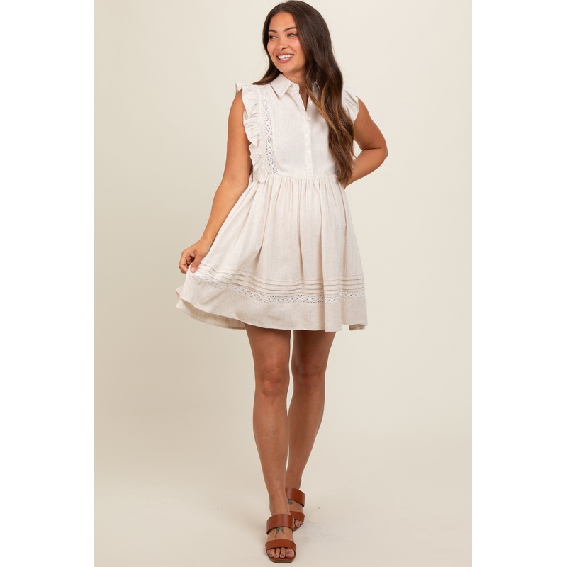 Beige Button Front Flutter Sleeve Maternity Mini Dress