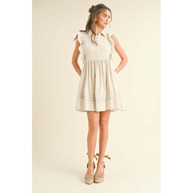 Beige Button Front Flutter Sleeve Mini Dress