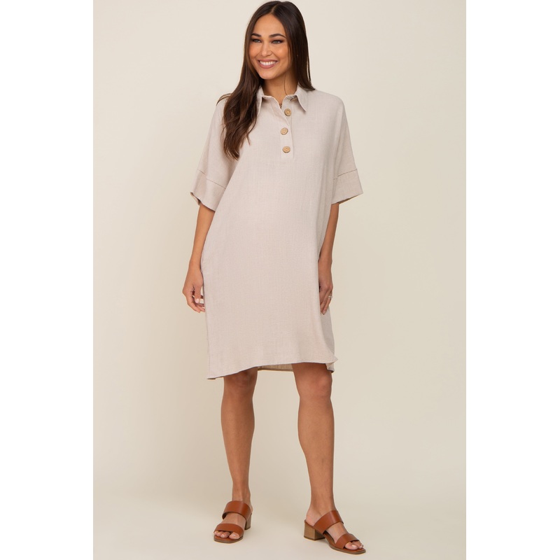 Beige Linen Front Button Collared Maternity Dress