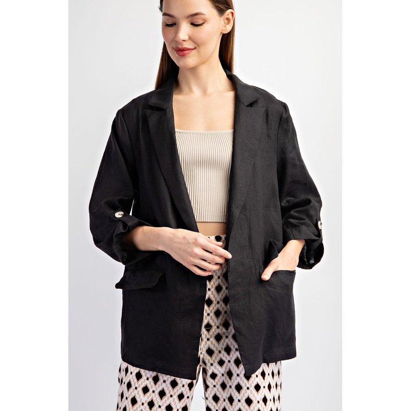 Black Linen Rolled Cuff Blazer