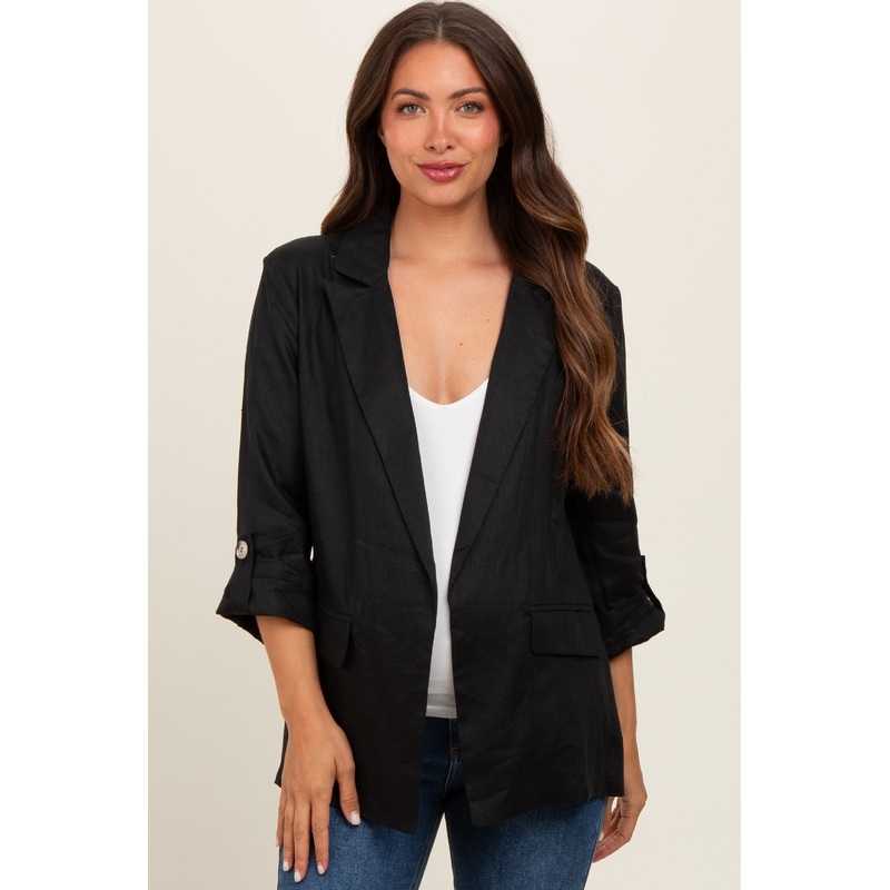 Black Linen Rolled Cuff Maternity Blazer