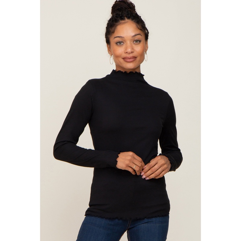 Black Ribbed Mock Neck Lettuce Trim Long Sleeve Top