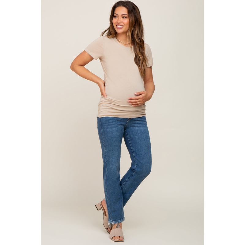 Medium Blue Fringe Hem Straight Leg Maternity Jeans