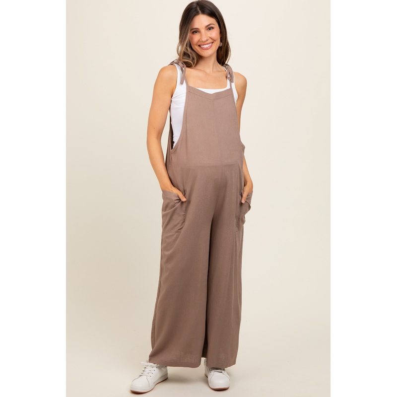 Mocha Linen Shoulder Tie Maternity Jumpsuit