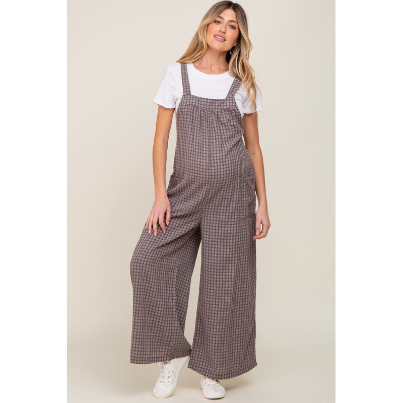 Mocha Plaid Tie Back Maternity Overall