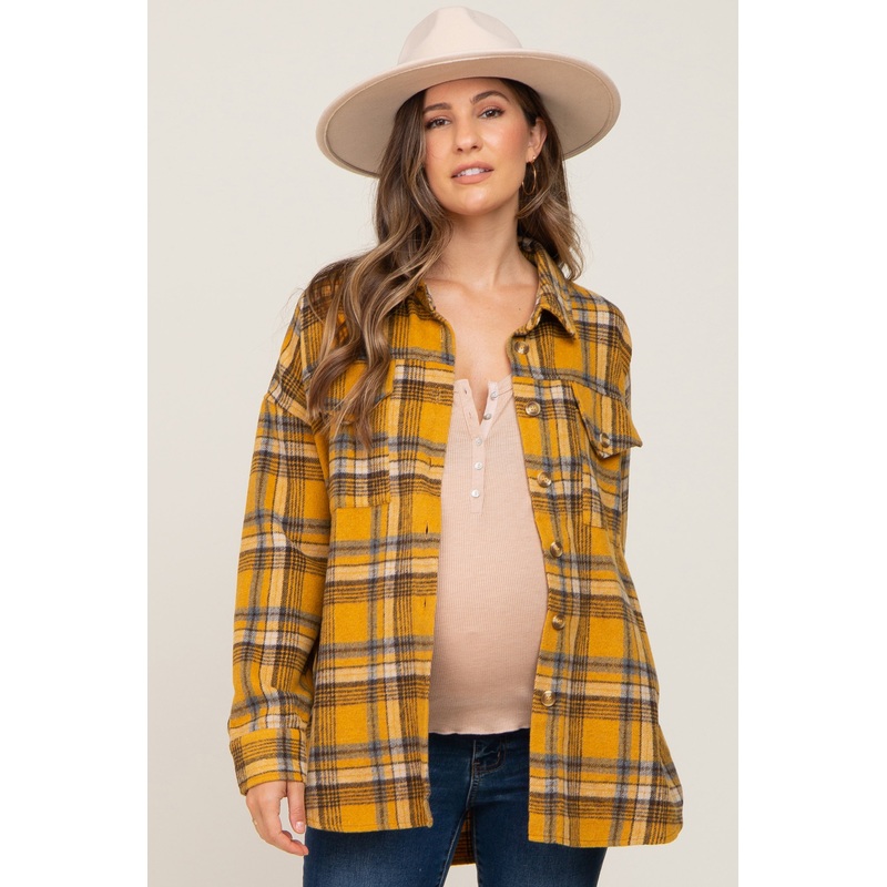 Mustard Plaid Maternity Shirt Jacket