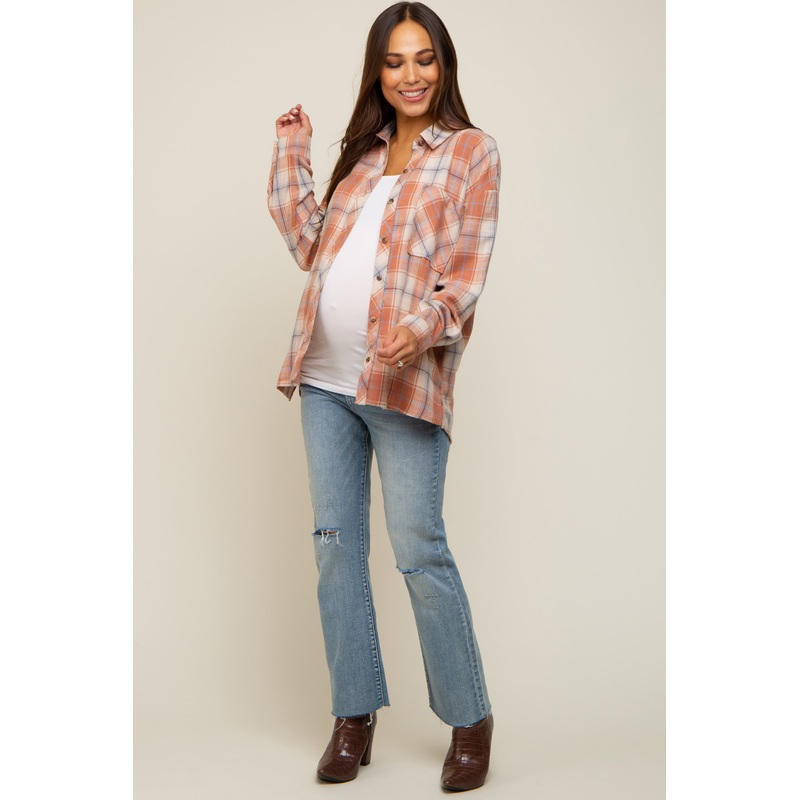 Rust Flannel Plaid Button Up Maternity Top
