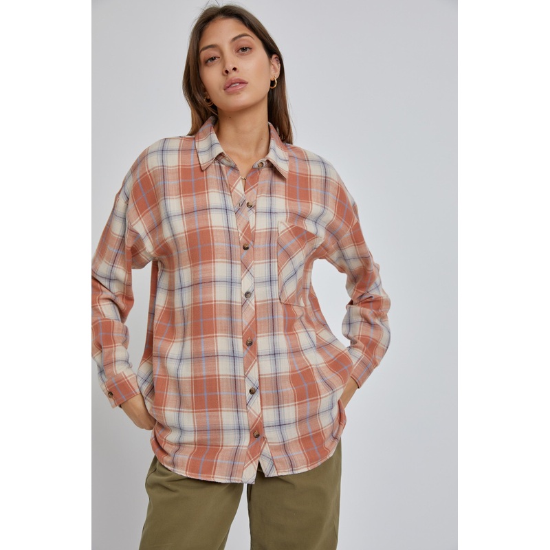 Rust Flannel Plaid Button Up Top