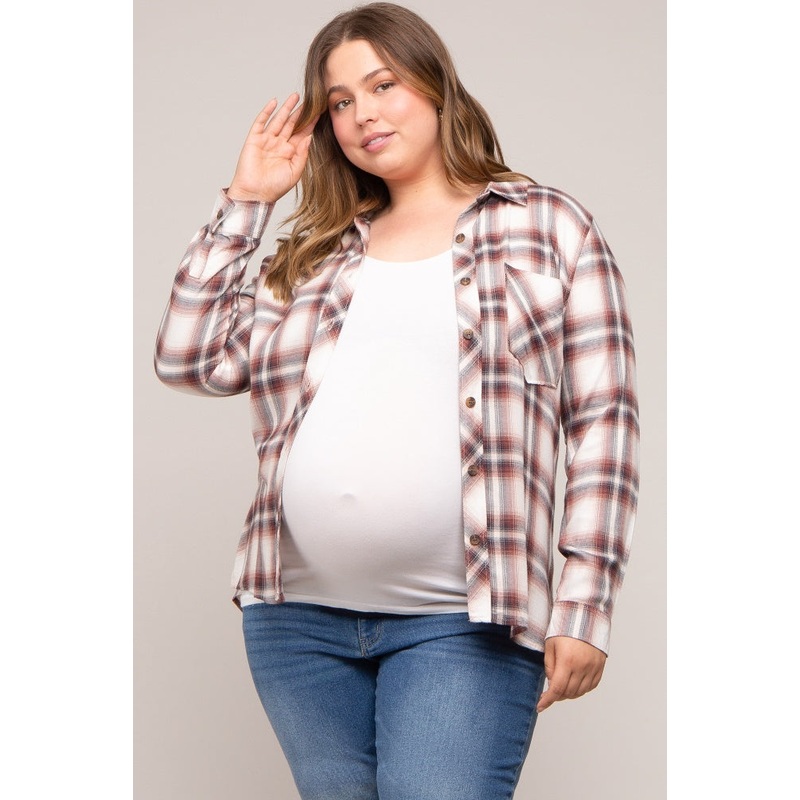 Rust Plaid Button Down Maternity Plus Top
