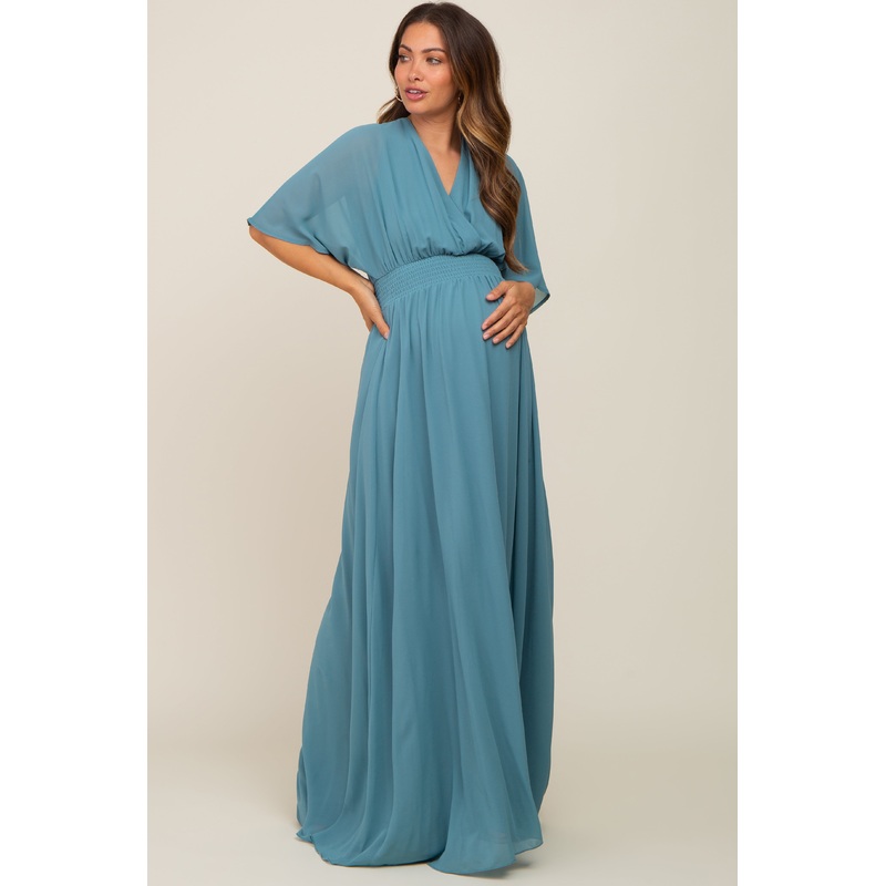 Turquoise Chiffon V-Neck Smocked Waist Maternity Maxi Dress