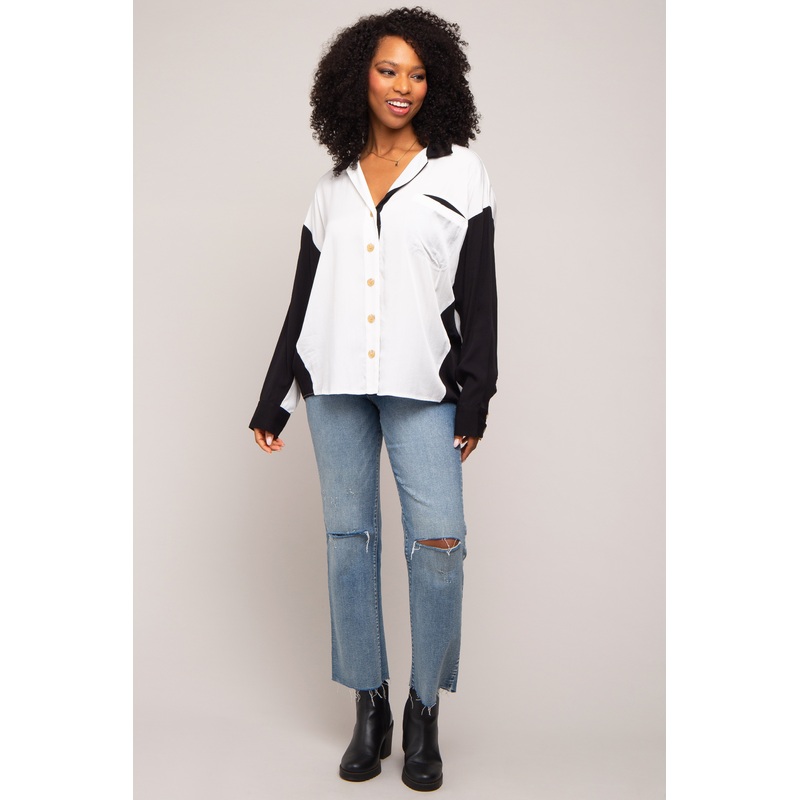 White Colorblock Oversized Blouse
