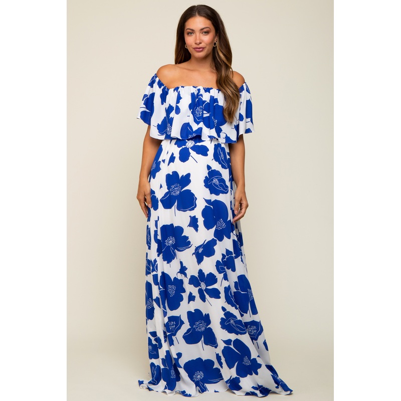 White Floral Off Shoulder Flounce Maternity Maxi Dress