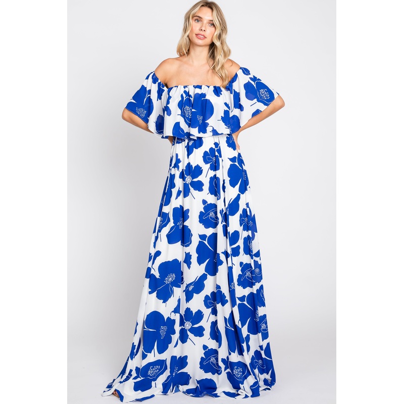 White Floral Off Shoulder Flounce Maxi Dress