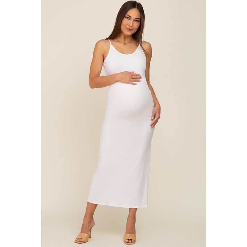 White Ribbed Sleeveless Maternity Maxi Dress