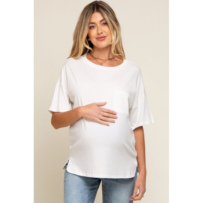 White Short Sleeve Pocketed Maternity Top