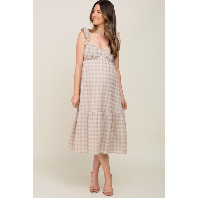 Beige Checkered Linen Sweetheart Neck Ruffle Strap Maternity Midi Dress