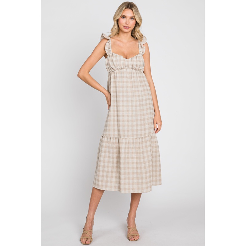 Beige Checkered Linen Sweetheart Neck Ruffle Strap Midi Dress
