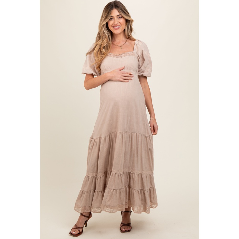 Beige Lace Insert Maternity Maxi Dress